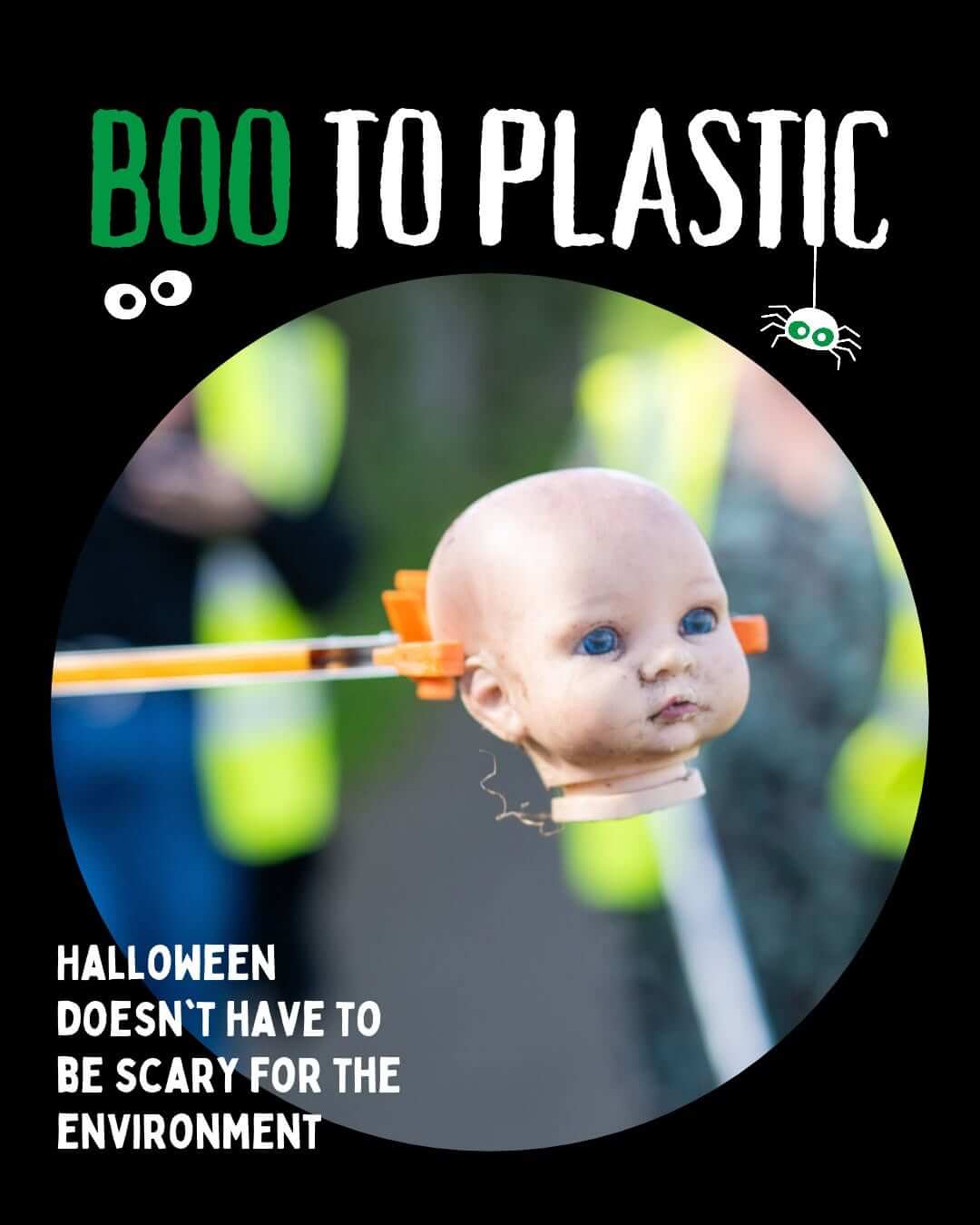 Clean Cornwall's Boo to Plastic Halloween graphic showing a doll's head held in a litter picker