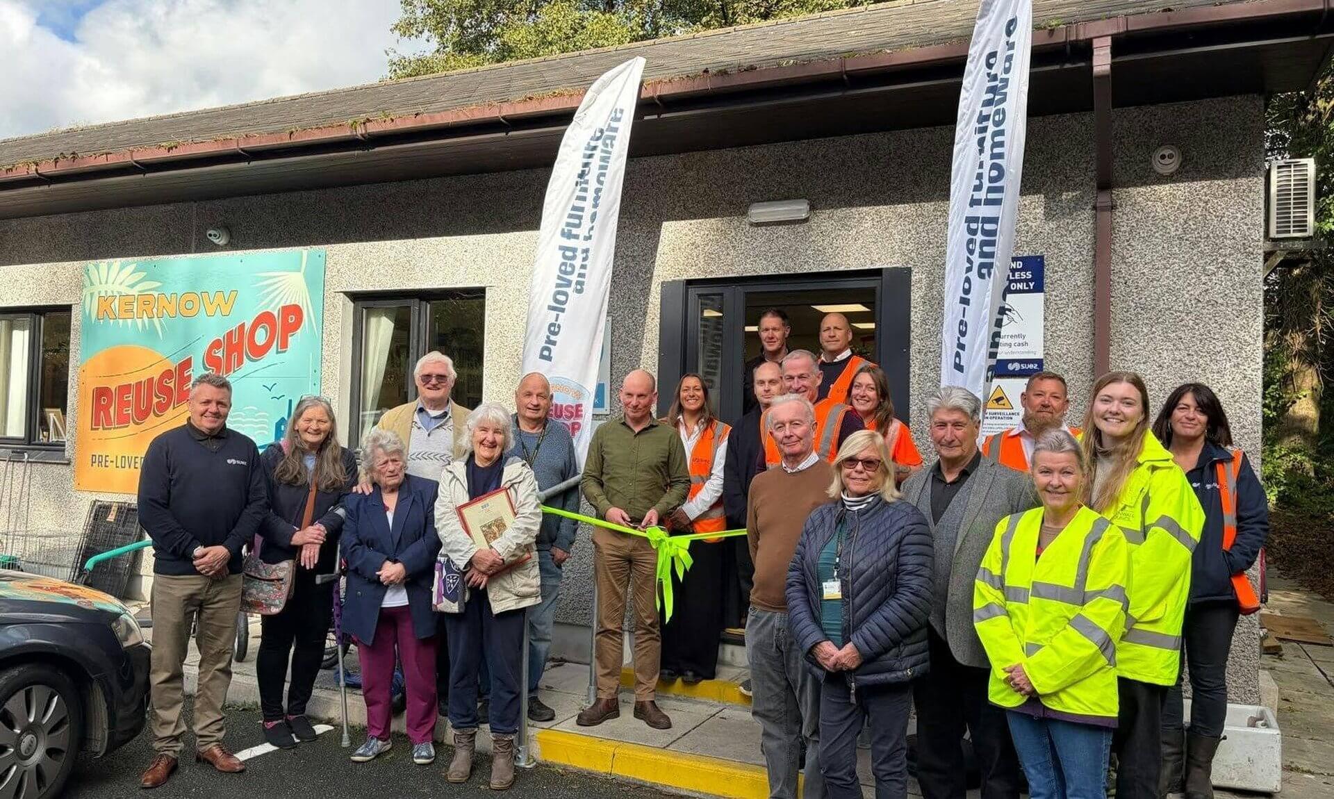 Ribbon cutting at the official opening of the Kernow Reuse Shop at Connon Bridge