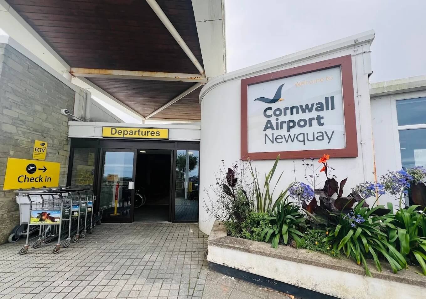 The departures entrance at Cornwall Airport Newquay