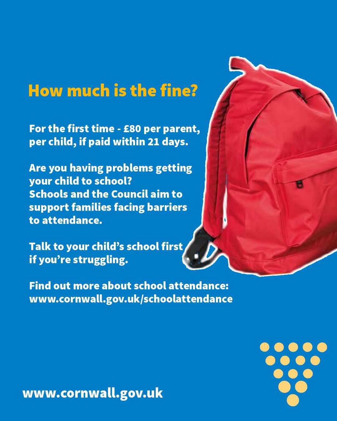 Cornwall Council graphic showing the £80 school absence fine