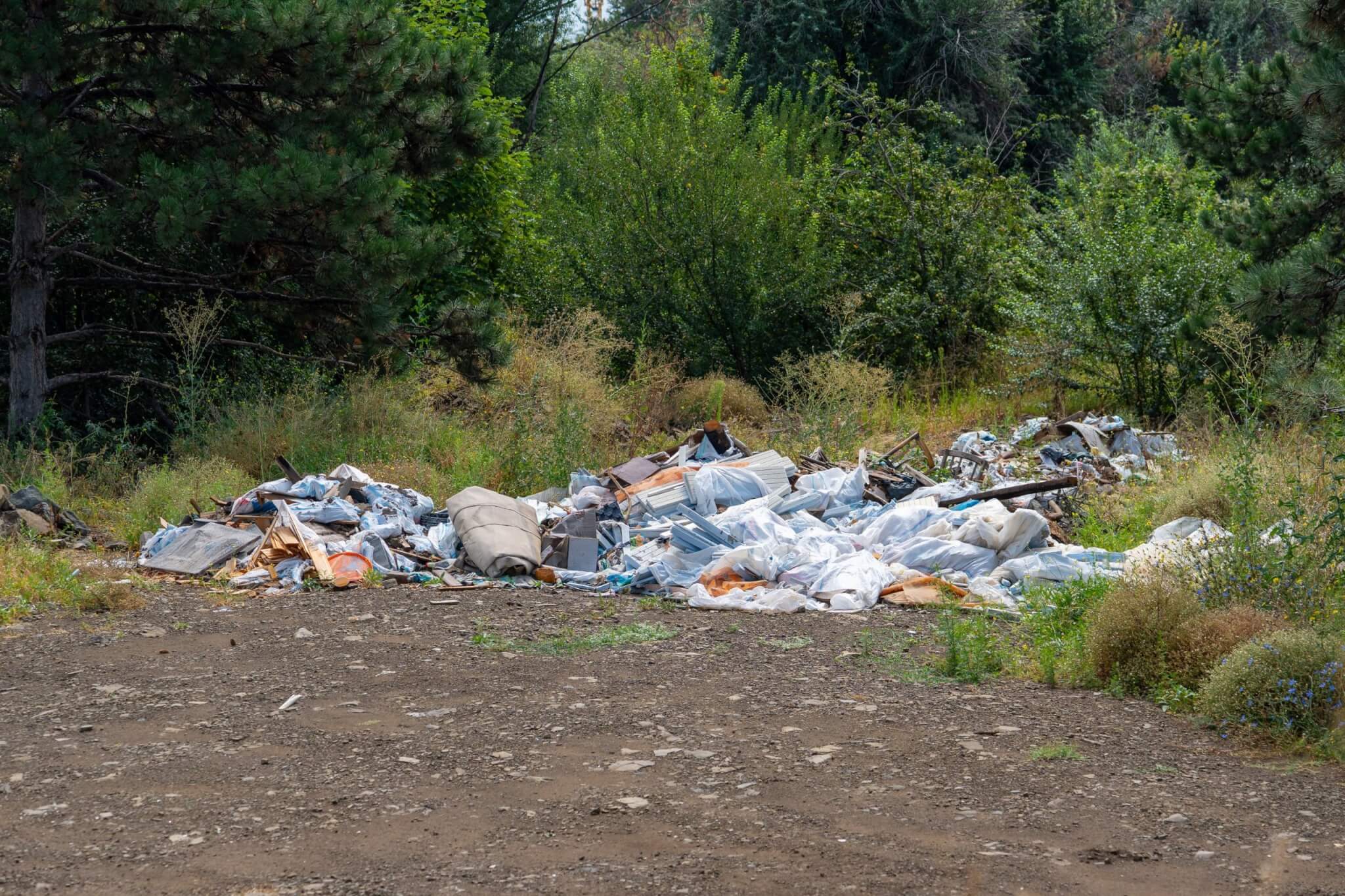 Pile of fly-tipped rubbish and building waste dumped beside a woodland track