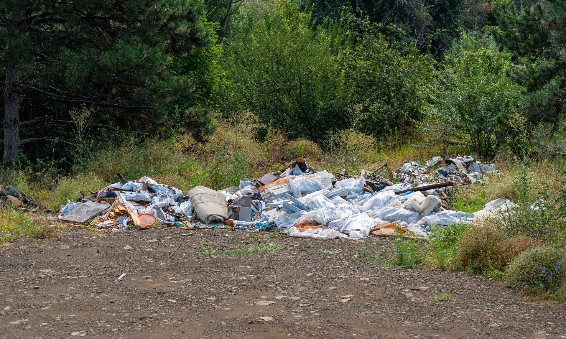Pile of fly-tipped rubbish and building waste dumped beside a woodland track