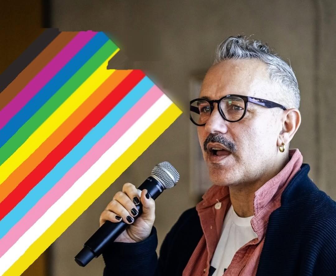 Speaker holding a microphone beside Progress Pride flag stripes, from the Cornwall Pride Inclusion Conference 2026 poster