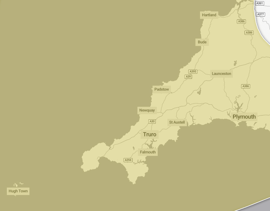 Met Office map showing the yellow wind warning area across Cornwall, Devon and the Isles of Scilly