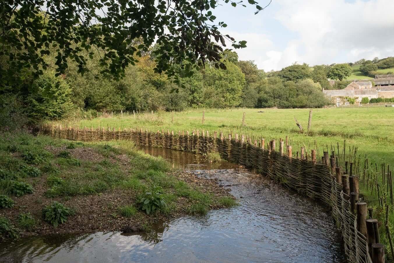 Restored riverbank with woven willow and chestnut stakes along the Lower River Ruthern at Withiel