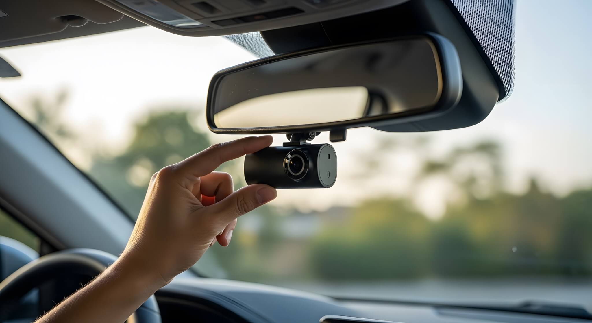A hand adjusting a dash cam mounted below a car's rear view mirror