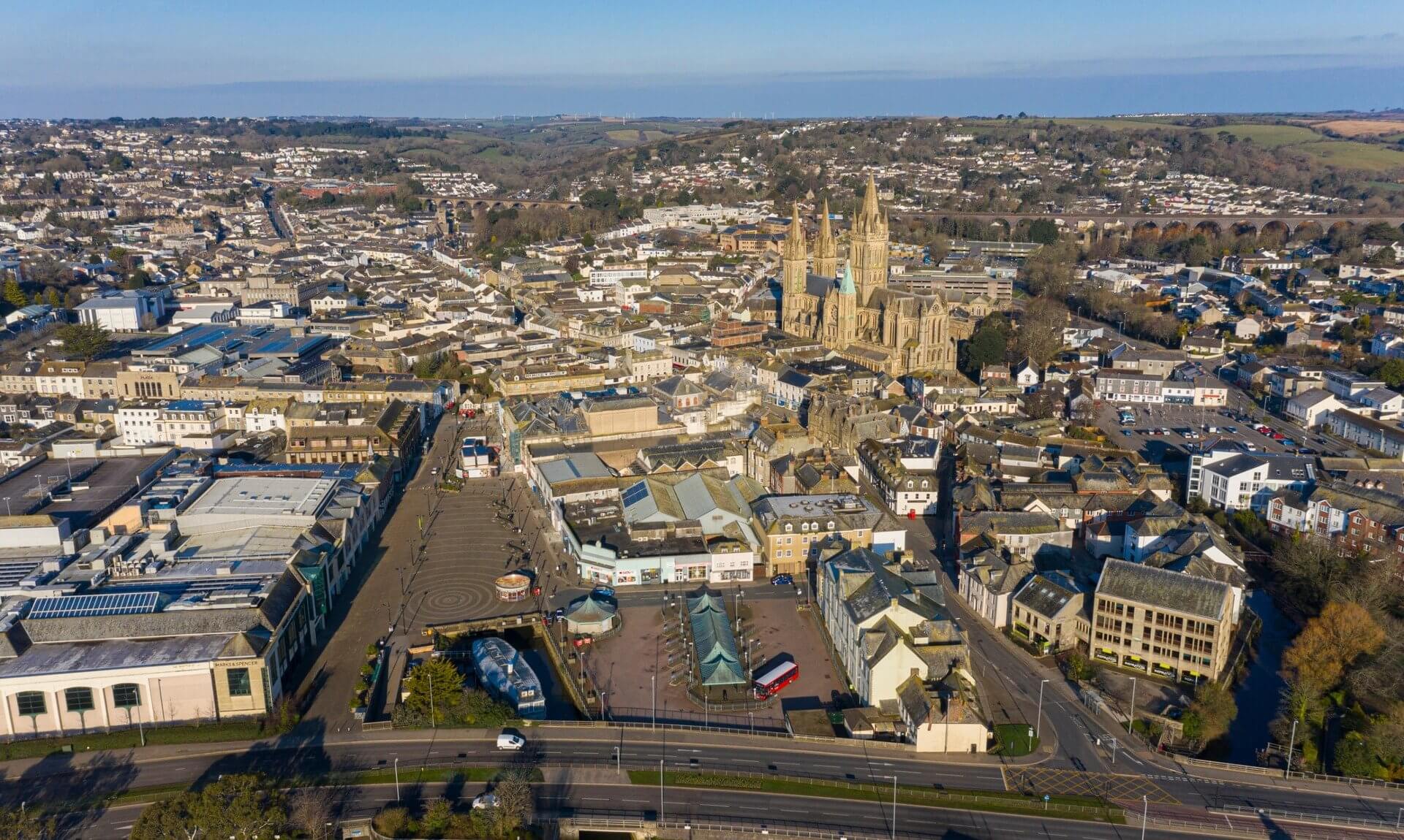 Aerial view of Truro city centre and Truro Cathedral