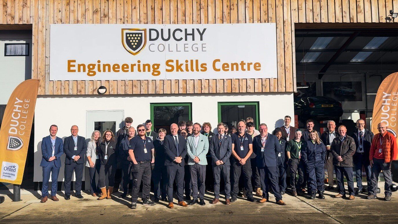 Staff, students and guests outside the Duchy College Engineering Skills Centre at Stoke Climsland