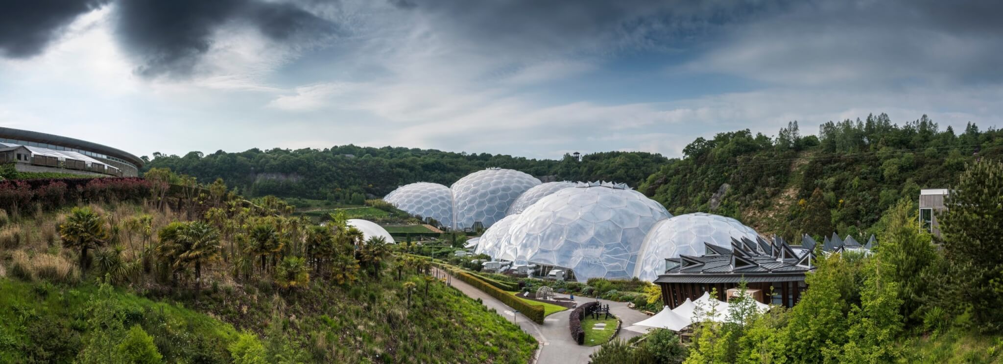 Panoramic view of the Eden Project biomes and gardens