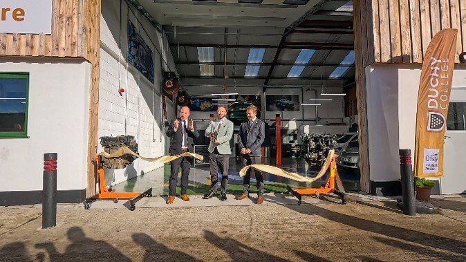 Ribbon cutting at the opening of the Duchy College Engineering Skills Centre