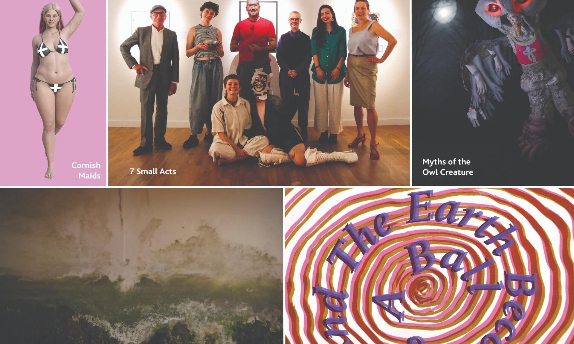 Collage of the five Artist Takeover projects at Falmouth Art Gallery