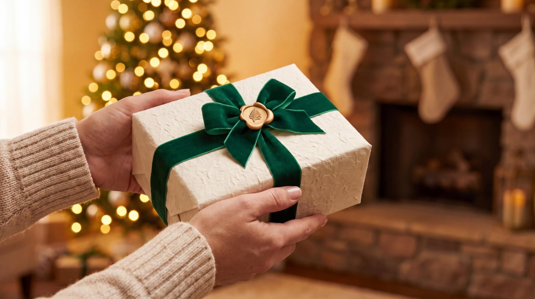 Hands holding a Christmas gift wrapped in cream paper with a green velvet bow