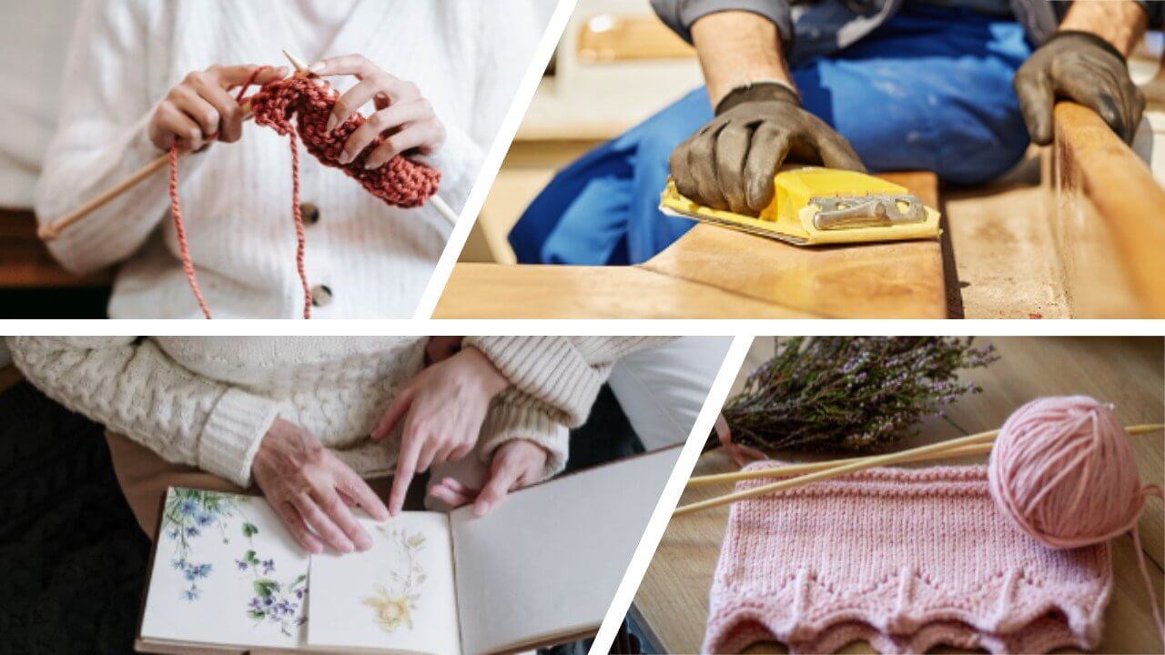 Hands knitting, sanding wood and looking at botanical paintings