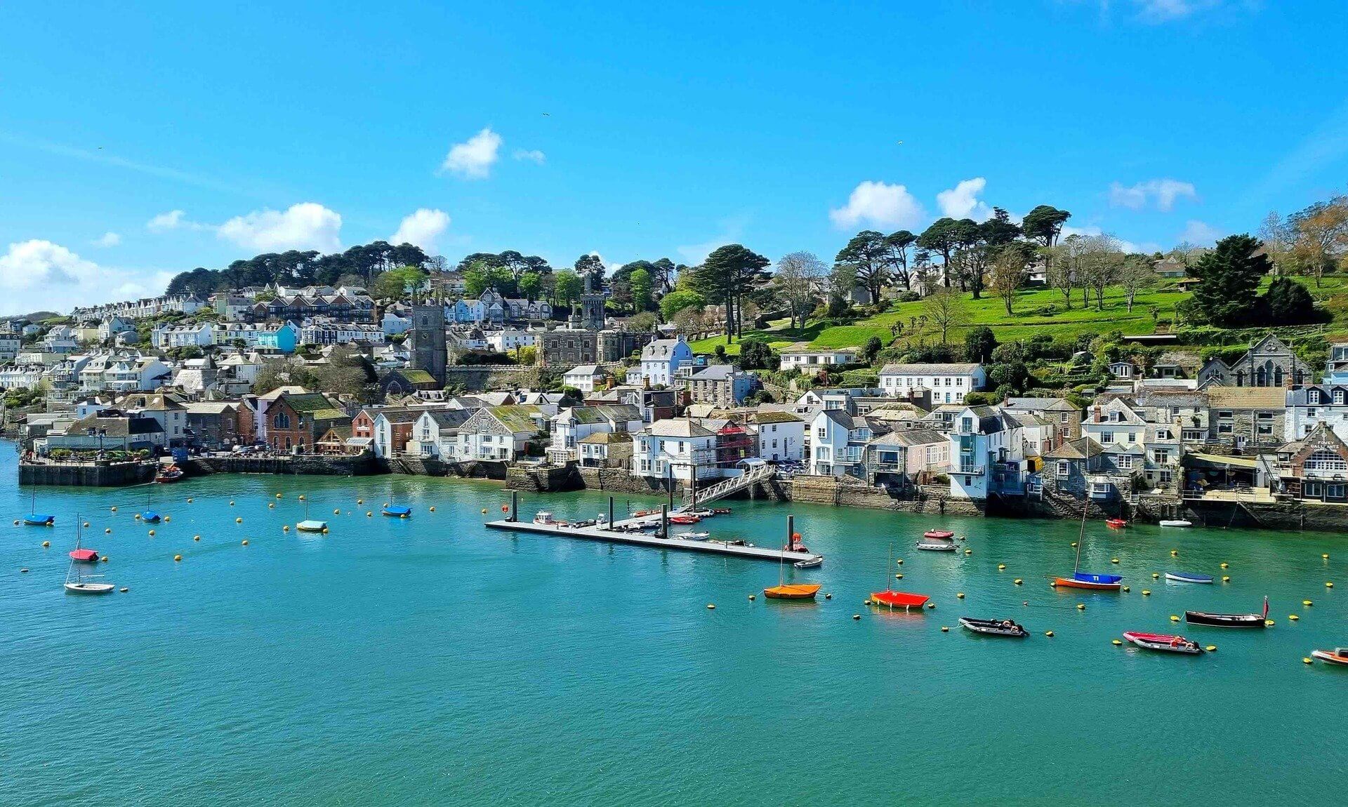 Fowey harbour and waterfront houses seen from across the estuary