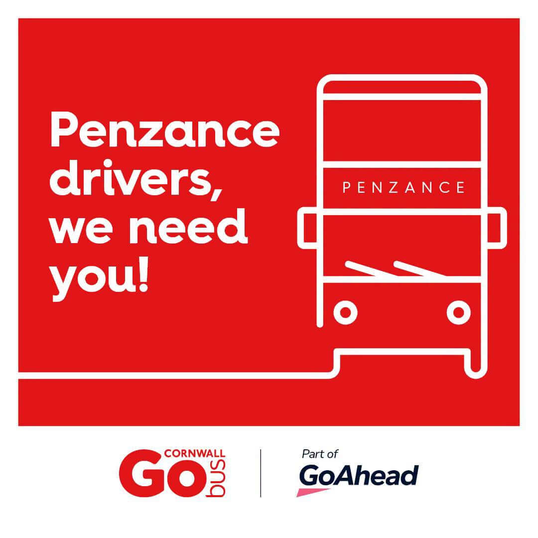 Go Cornwall Bus recruitment graphic: Penzance drivers, we need you