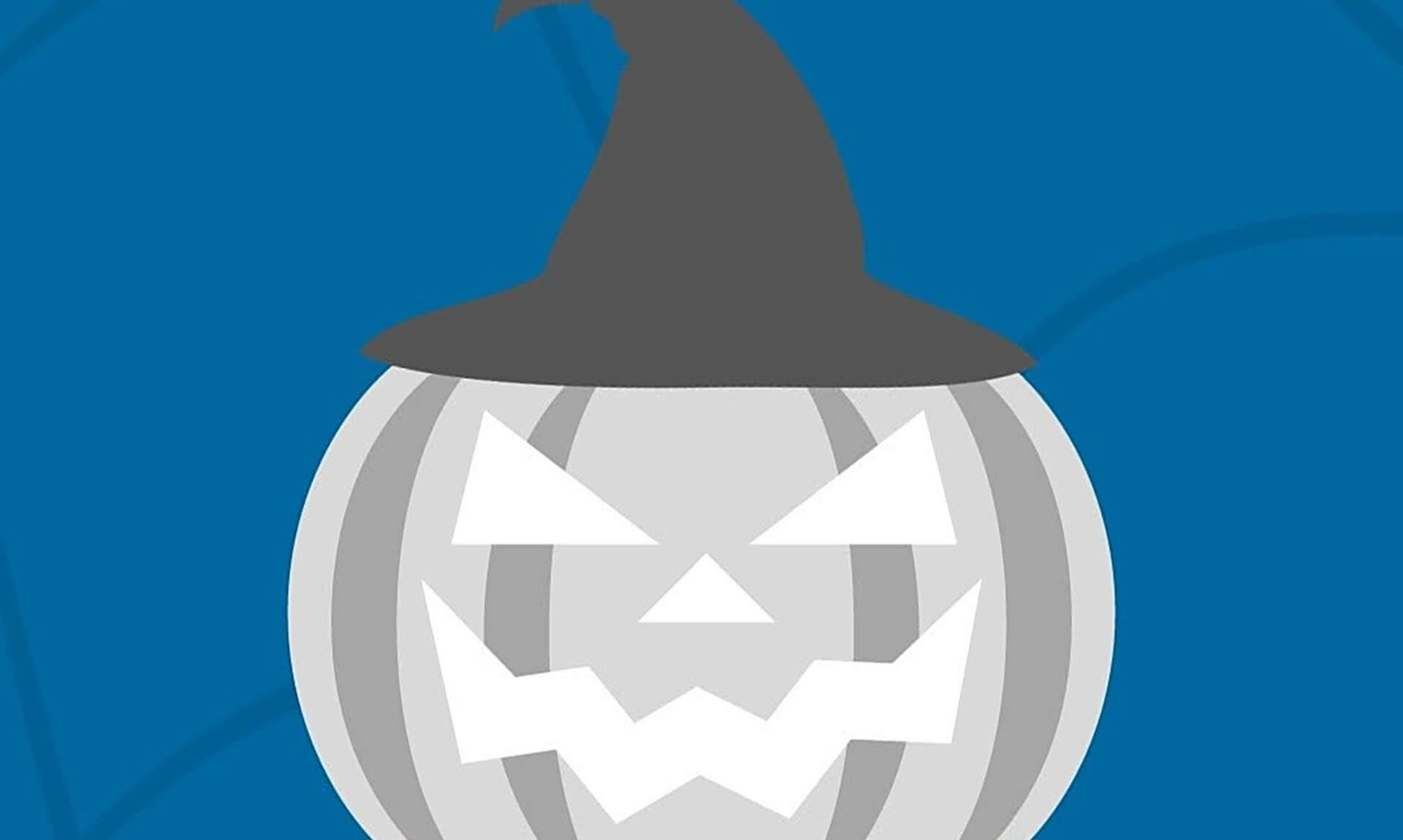 Grey jack-o'-lantern in a witch's hat on a blue background