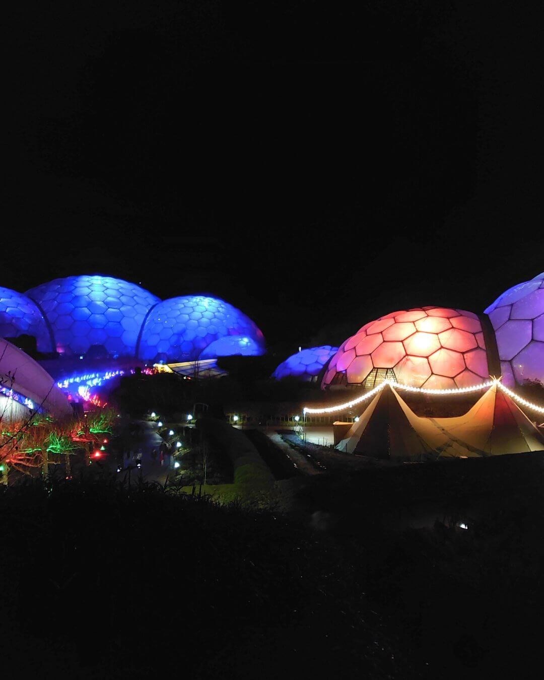 Eden Project biomes and festive lights at night