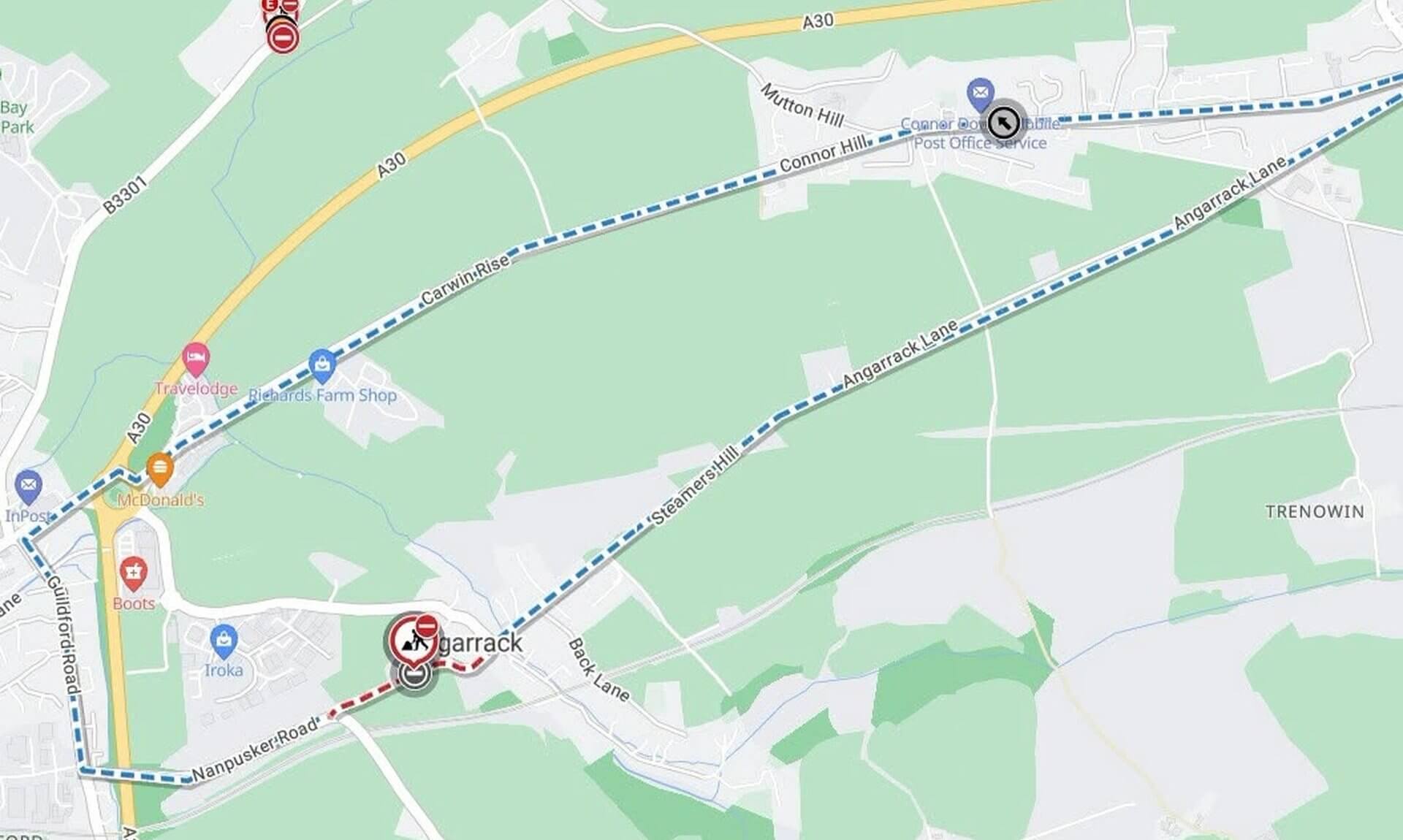 Map of Angarrack showing the Hatchs Hill road closure and diversion route