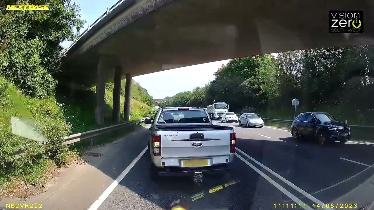 Dashcam view of traffic on the A30 Hayle Bypass beneath a bridge