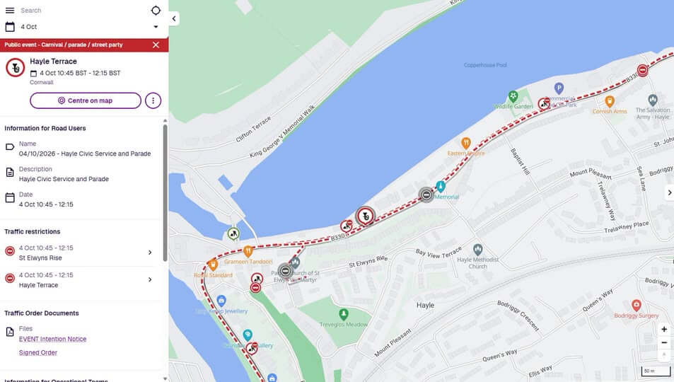 Map showing traffic restrictions on Hayle Terrace and St Elwyns Rise for the Hayle Civic Service and Parade on 4 October