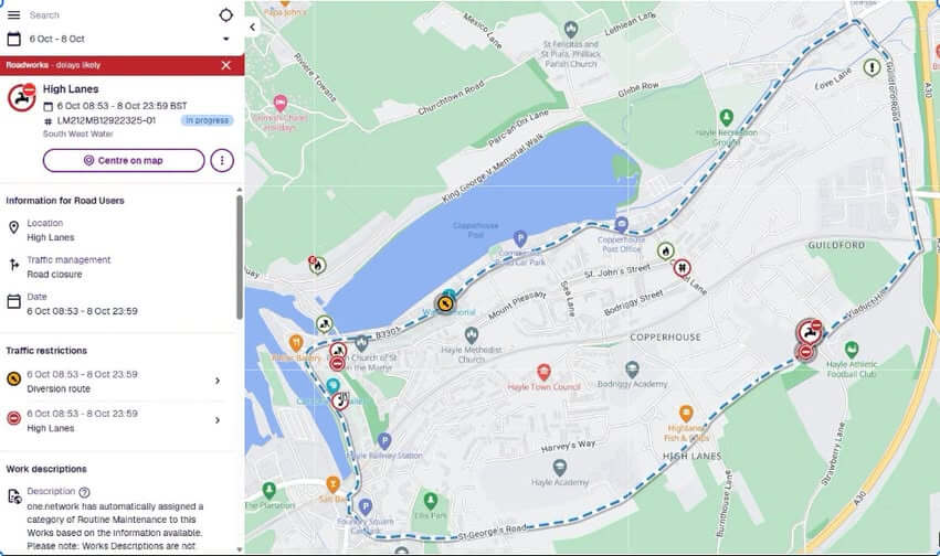 one.network map of Hayle showing the High Lanes road closure and diversion route