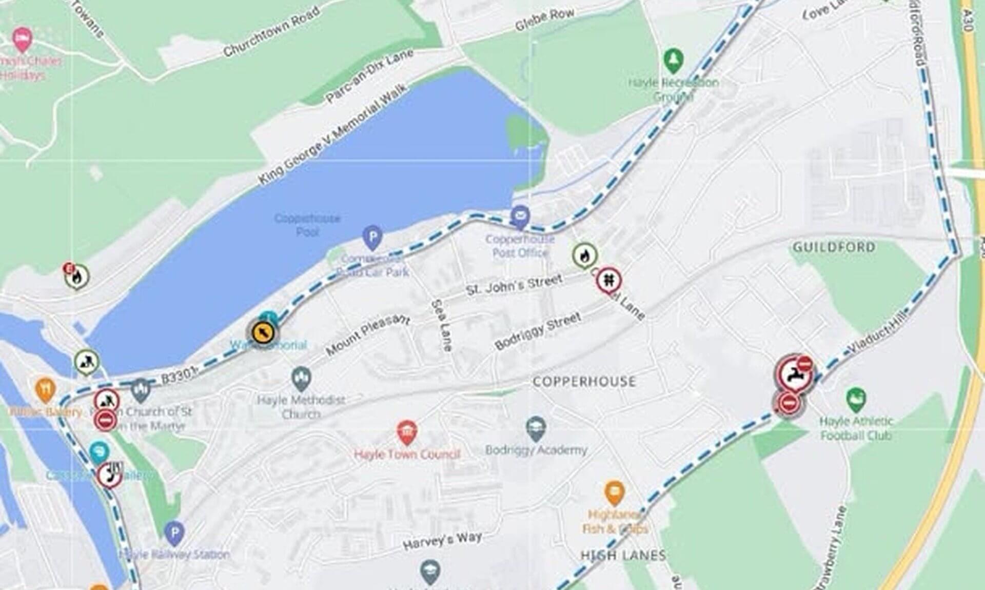 Map of Hayle showing the High Lanes road closure and diversion route