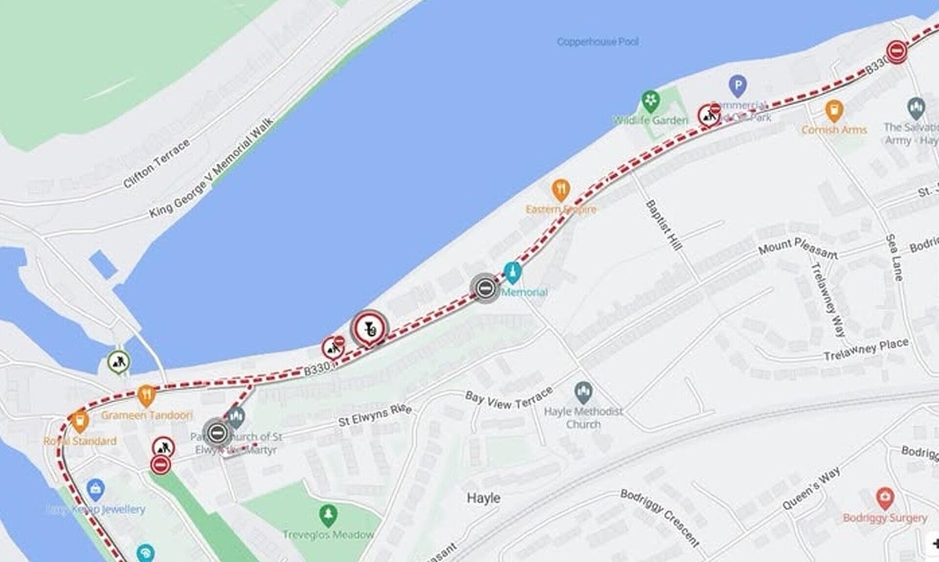 Map of road closures in Hayle for the Hayle Civic Service and Parade
