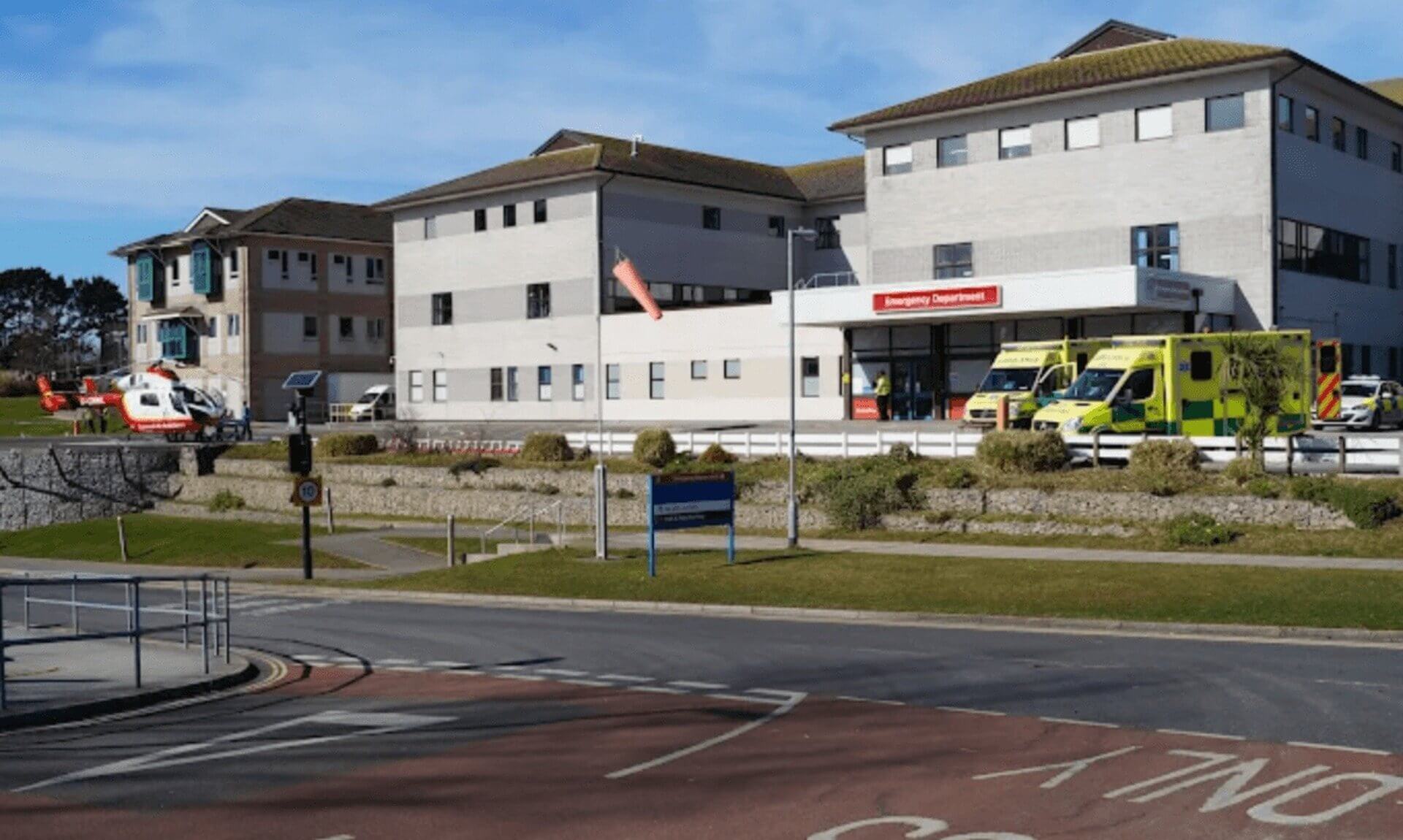 Royal Cornwall Hospital Emergency Department at Treliske, Truro, with ambulances and the air ambulance outside