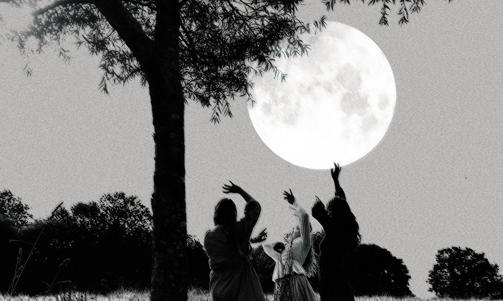 Three figures reaching up towards a full moon beneath a tree in a field