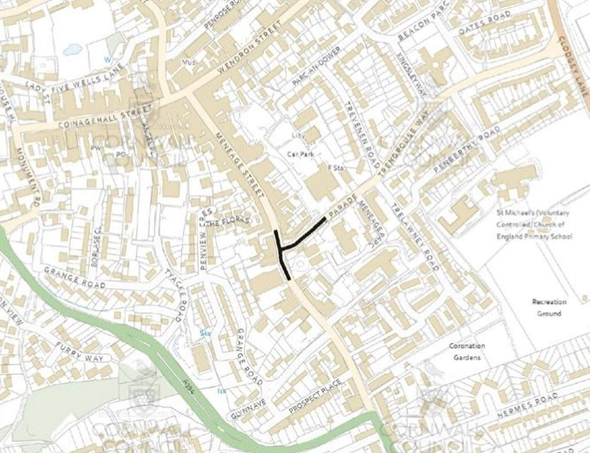 Map of Helston town centre with the Meneage Street and Parade works area marked in black