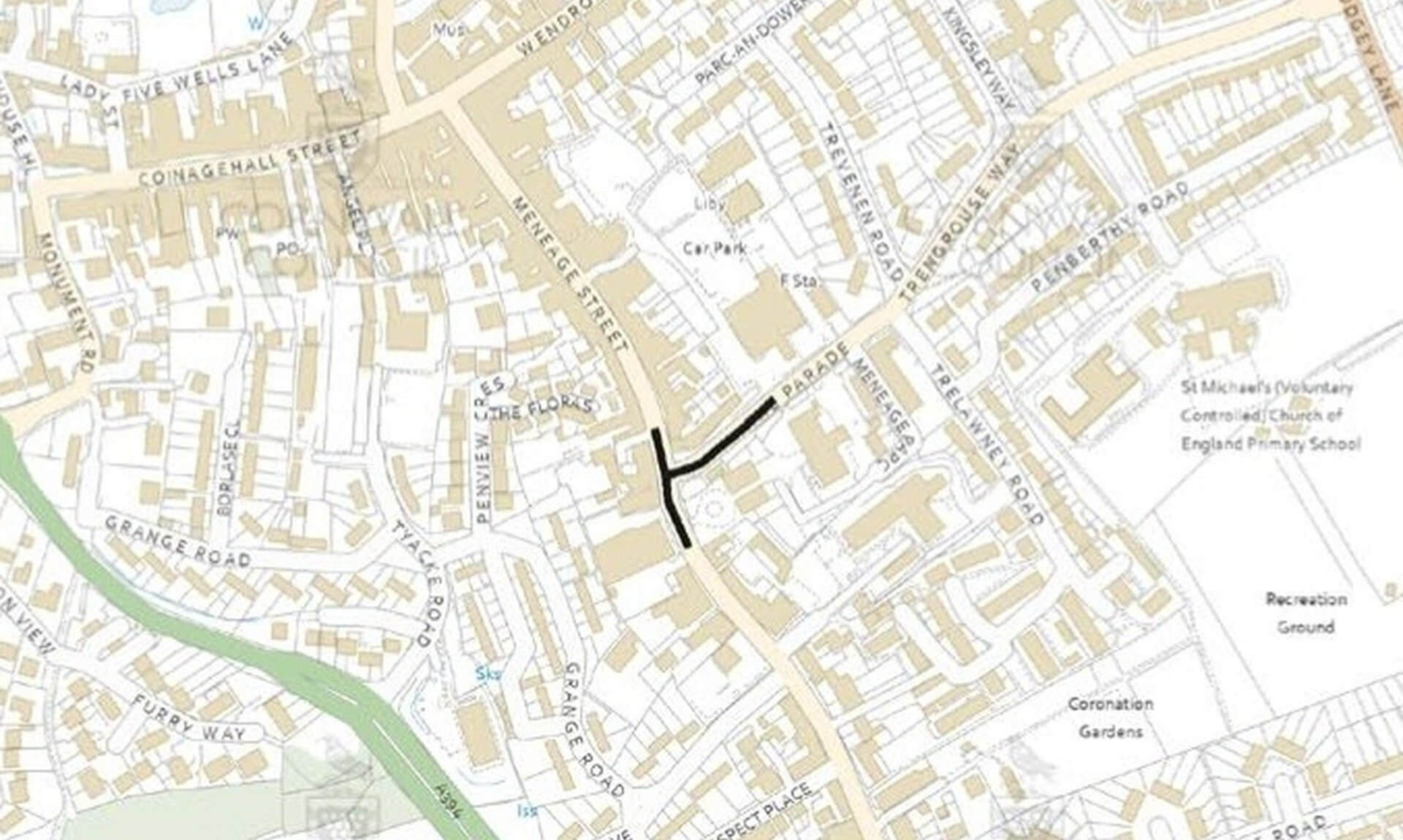 Map of Helston town centre showing the Meneage Street works area