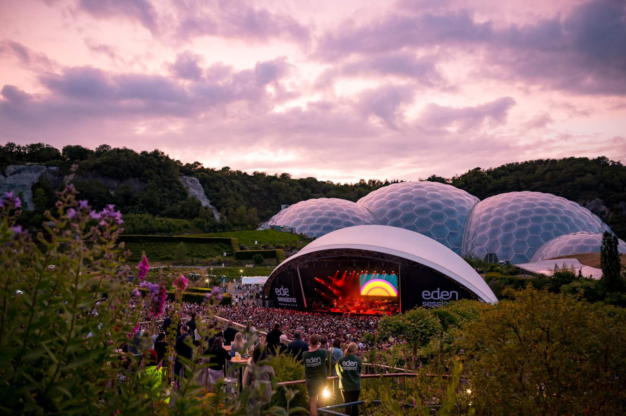Eden Sessions arena under a pink evening sky