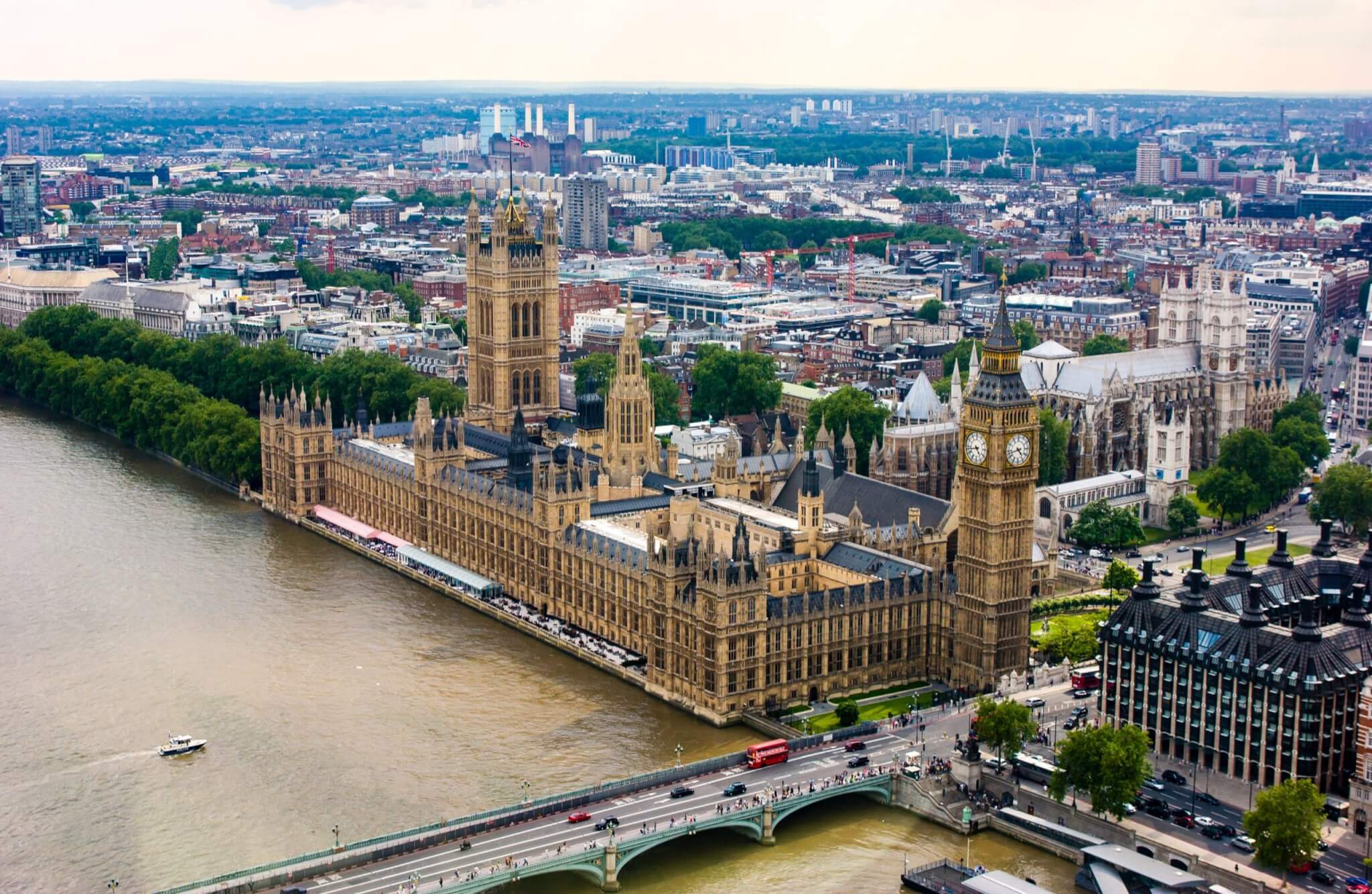 Aerial view of the Houses of Parliament and Big Ben beside the River Thames