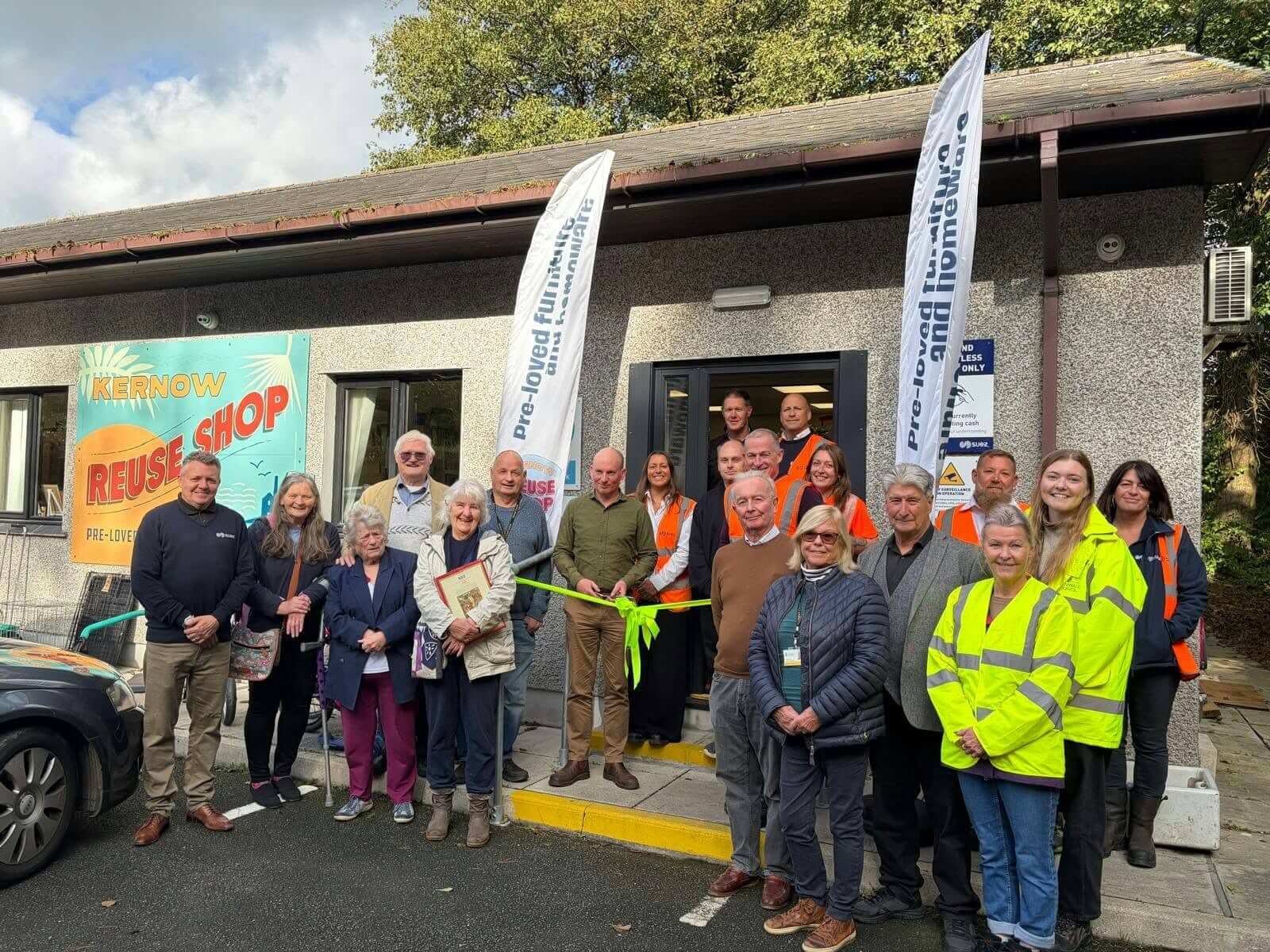 Ribbon cutting at the official opening of the Kernow Reuse Shop at Connon Bridge