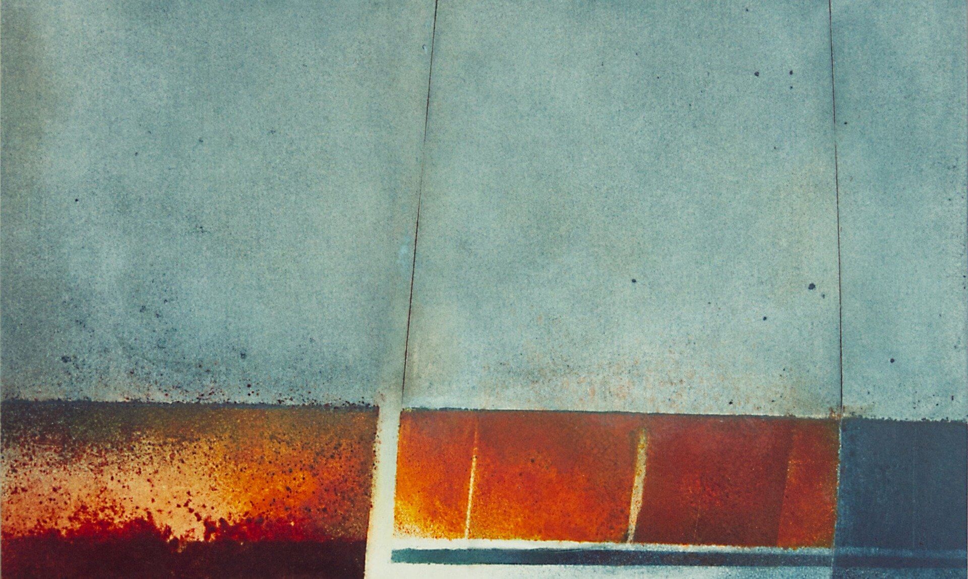 Abstract painting in grey-green with a block of burnt orange and white bands