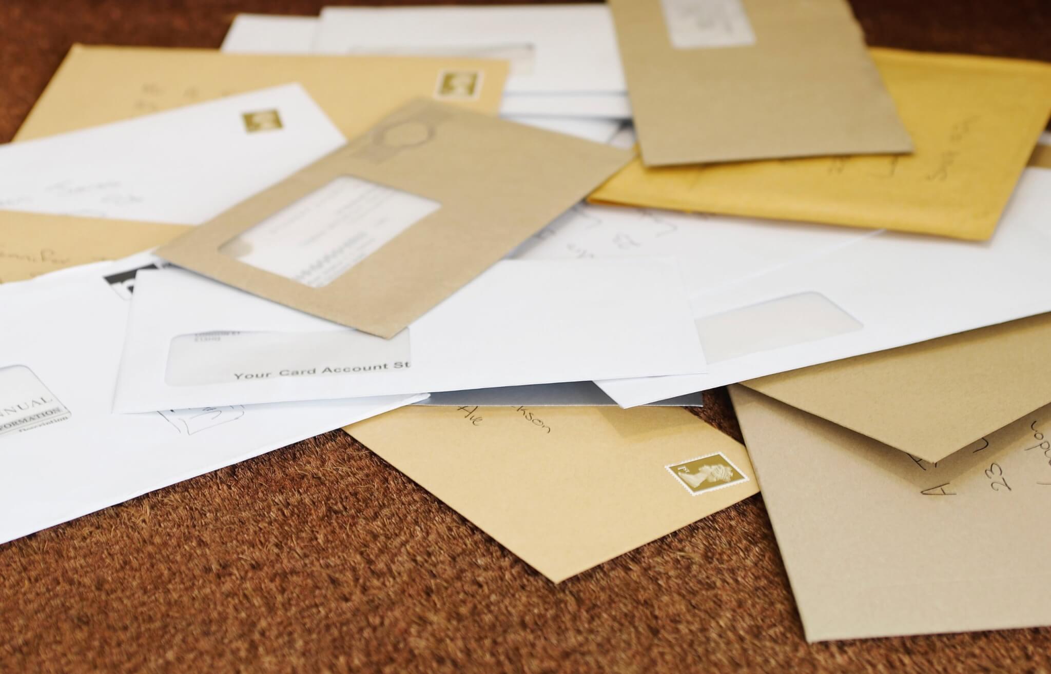 A pile of letters and envelopes on a doormat