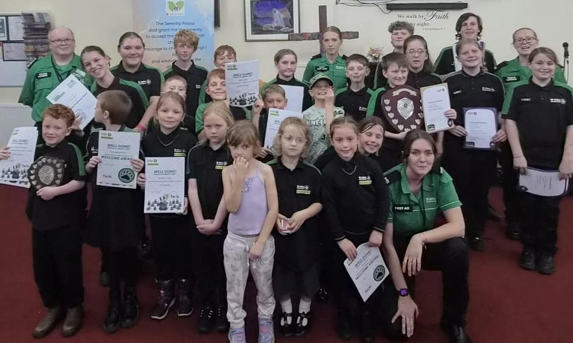 St John Ambulance Liskeard Cadets and Badgers with their certificates and shields