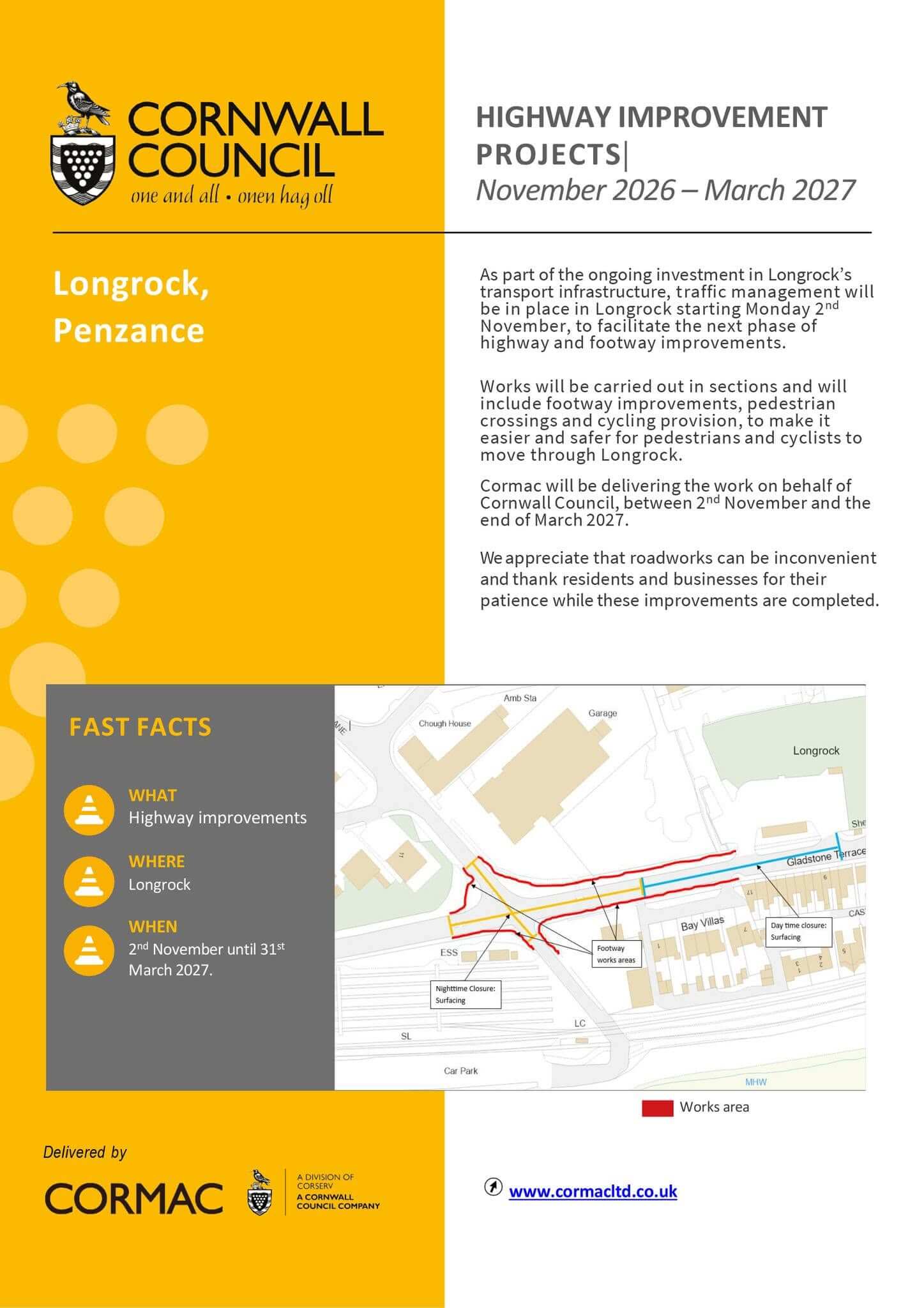 Cormac leaflet showing the Longrock highway improvement works area map and fast facts