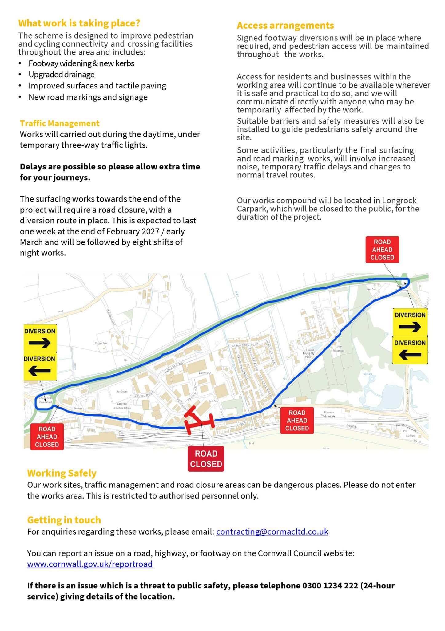 Cormac leaflet page showing Longrock works details and the diversion route map