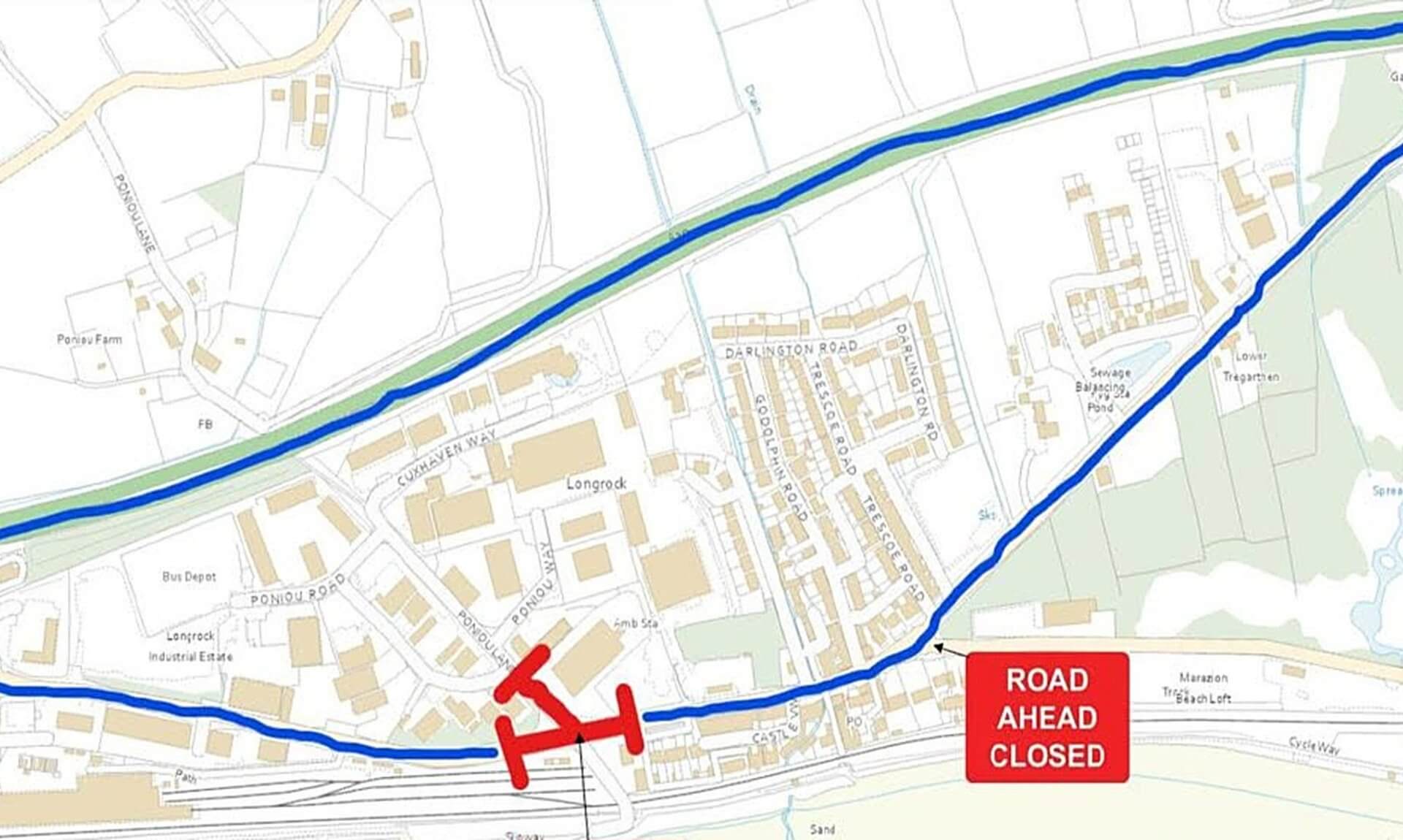 Map of the Longrock road closure and diversion route
