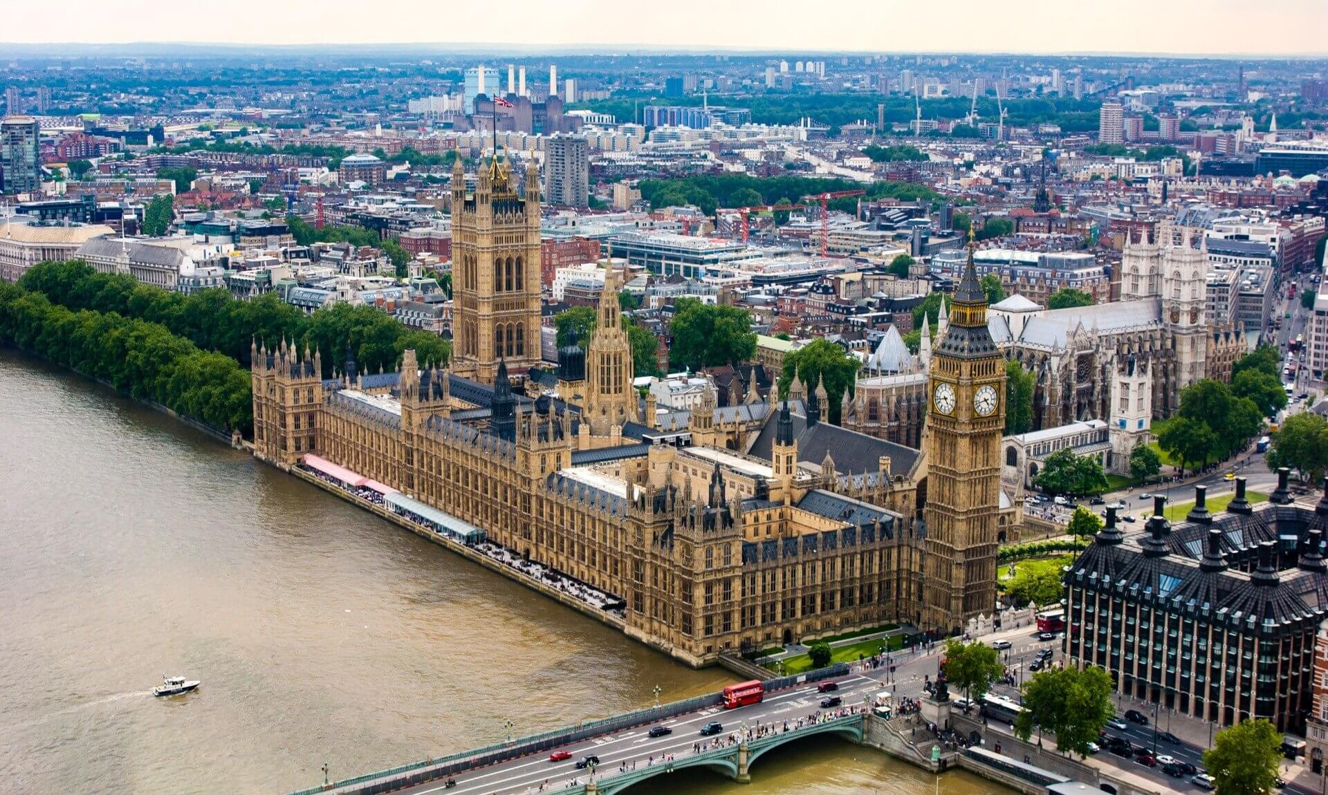 Aerial view of the Houses of Parliament and Big Ben beside the River Thames