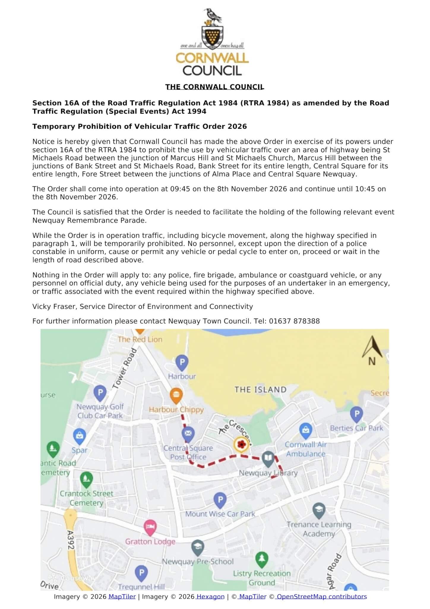 Cornwall Council temporary traffic order notice for the Newquay Remembrance Parade