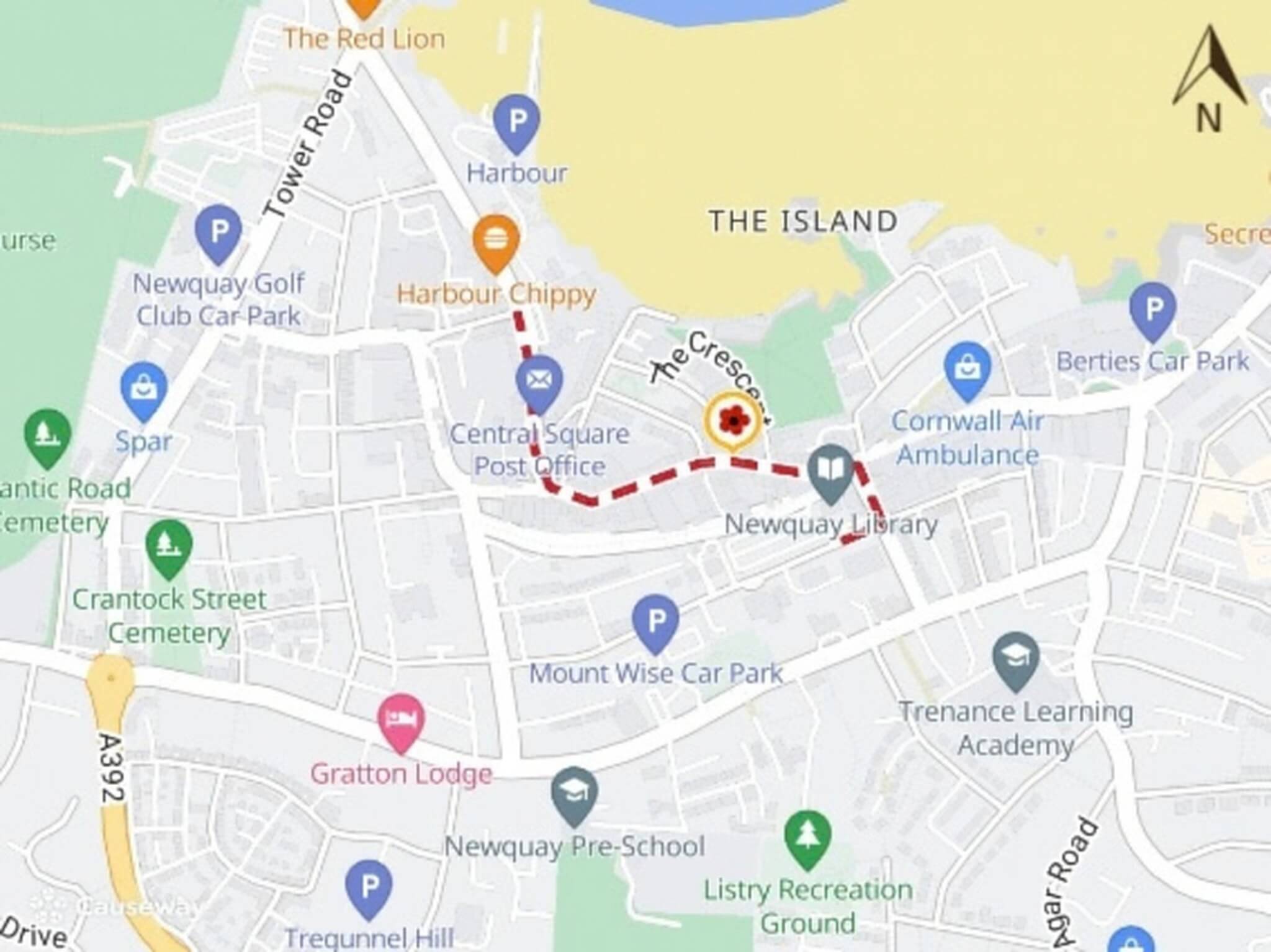 Map of the Newquay Remembrance Parade route from Fore Street through Central Square and Bank Street to St Michael's Church
