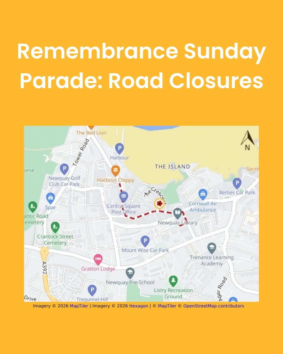 Remembrance Sunday Parade road closures map for Newquay town centre