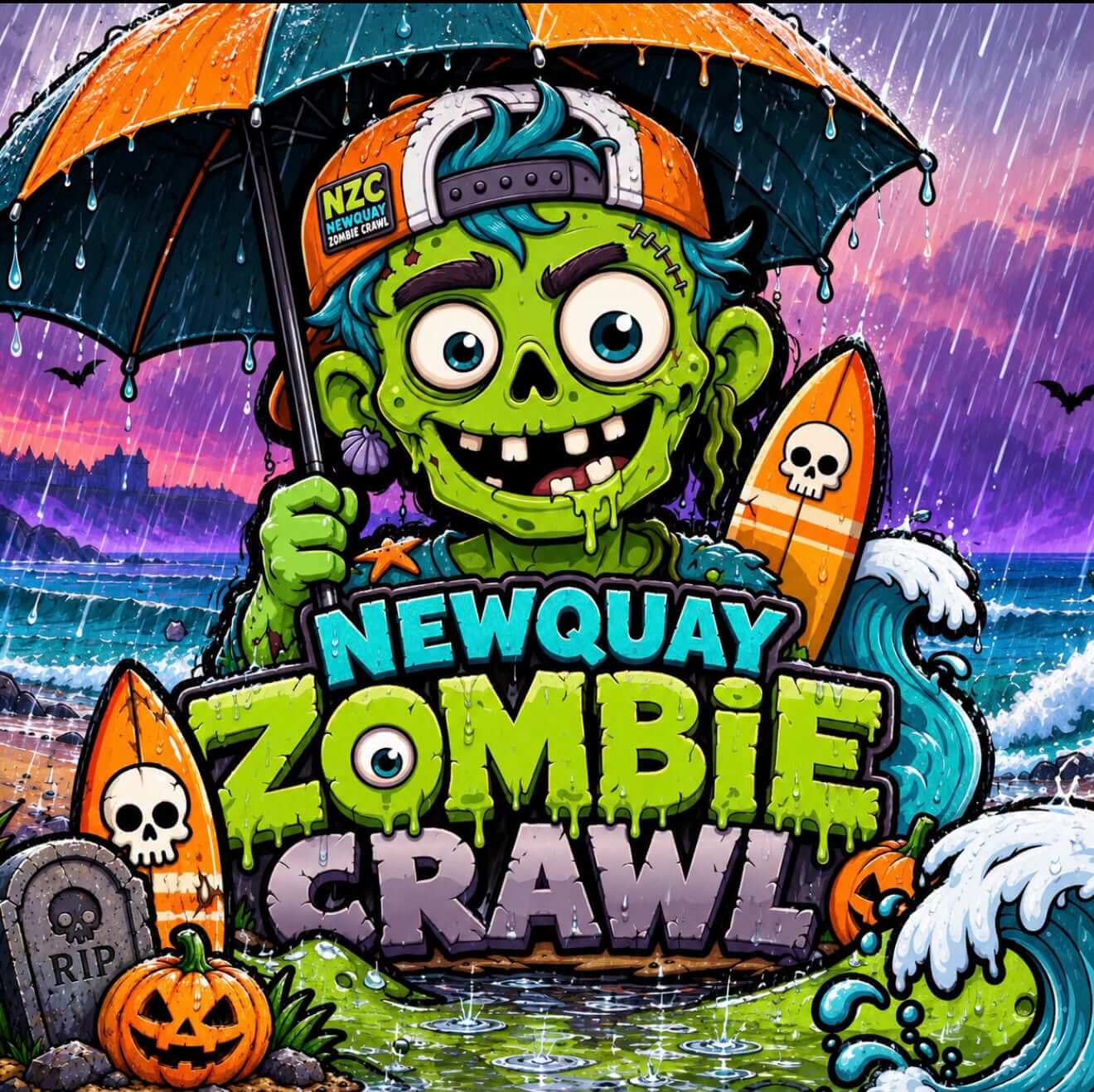 Newquay Zombie Crawl cartoon zombie artwork with surfboards and pumpkins