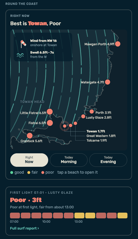 Screenshot of the NQY NOW app showing a map of beaches around Newquay with wave heights