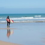 A surfer carrying a board walks towards the sea