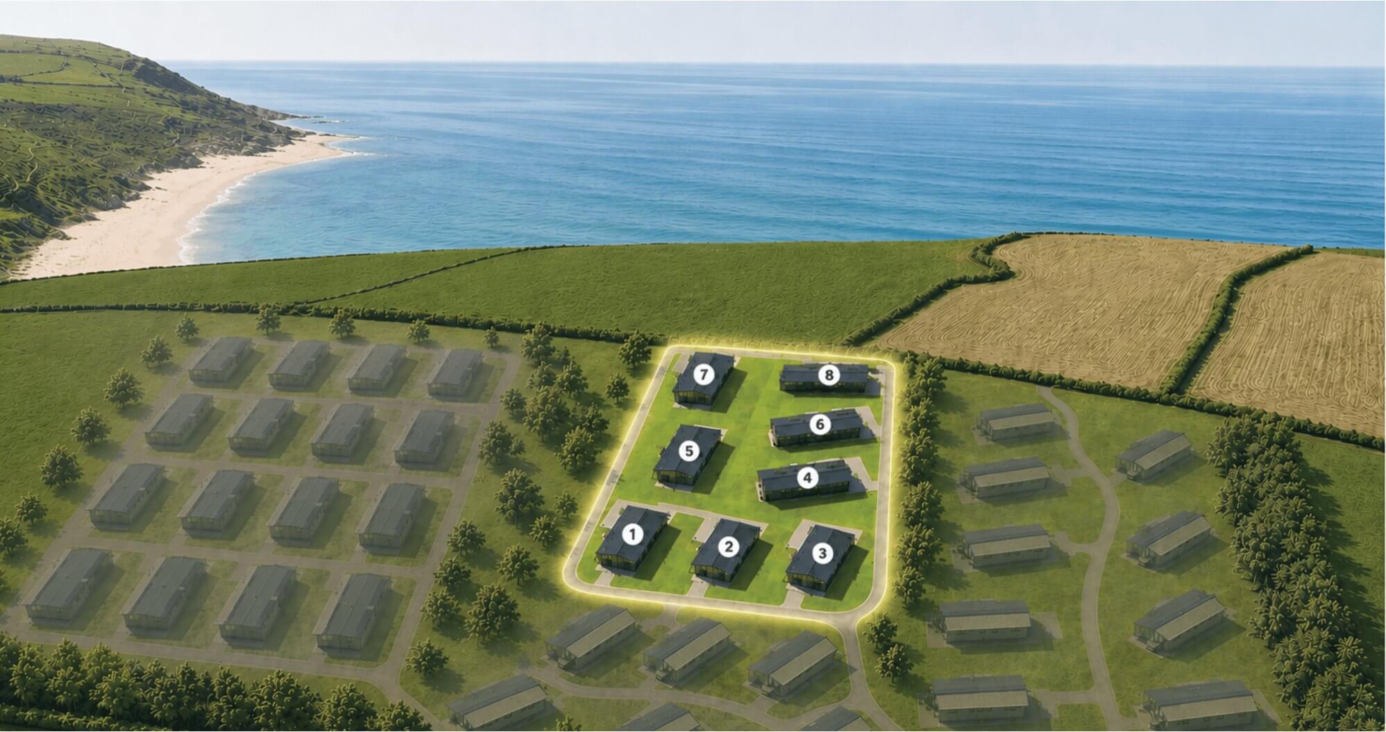 Illustrated plan of the eight Ocean Fields lodge positions at Seaview Holiday Park