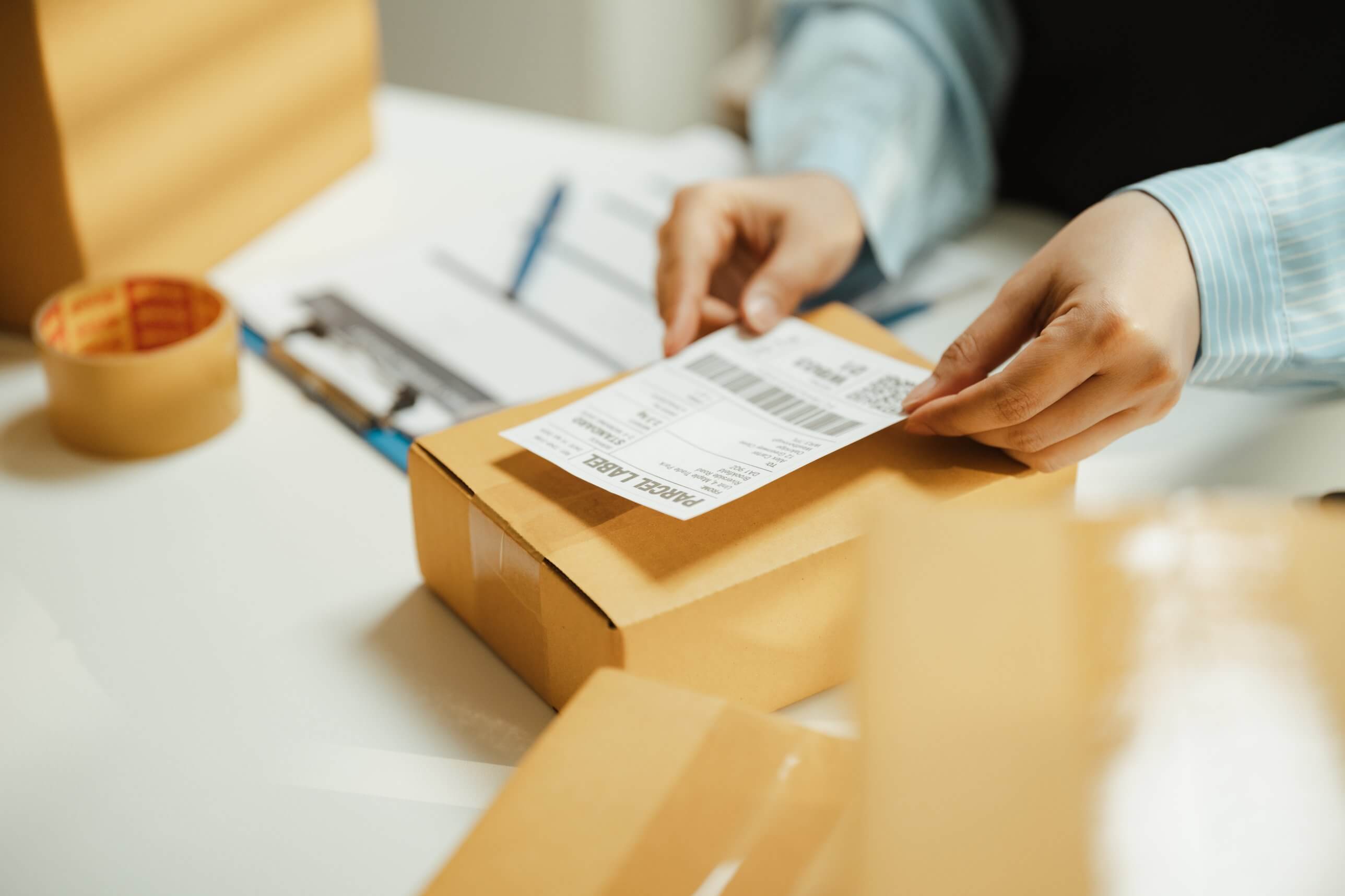 Hands attaching a parcel label to a cardboard box ready for posting