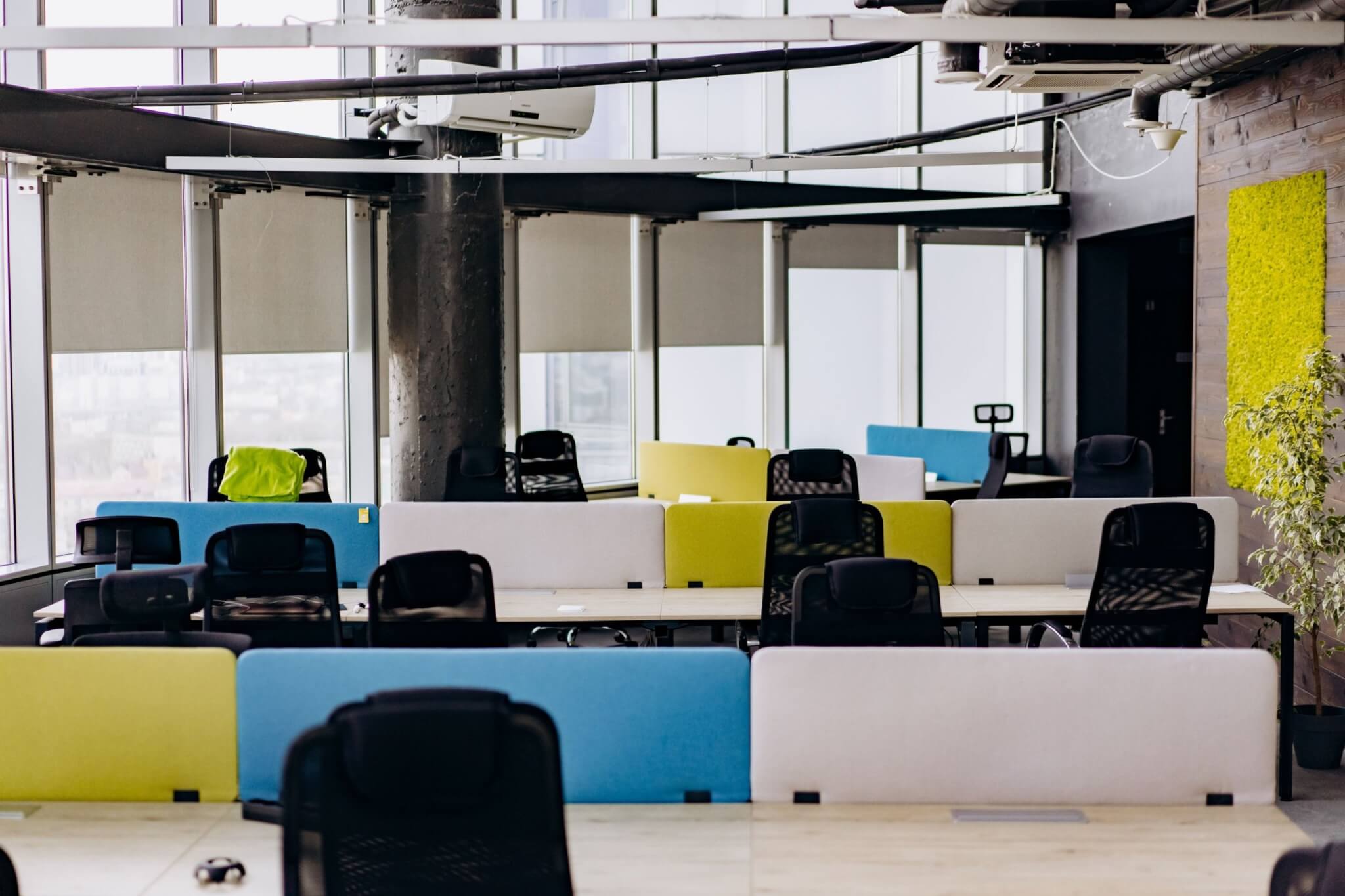 Open-plan office with colourful desk dividers